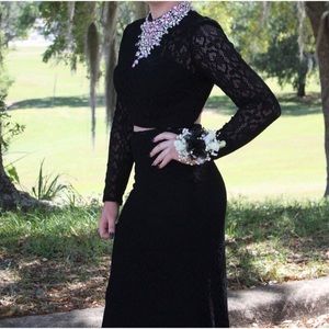 Two Piece, black prom dress w beading on neck area